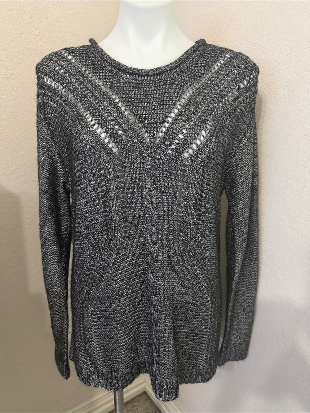 Nine West Charcoal Open-Knit Crewneck Sweater with Stud Detail